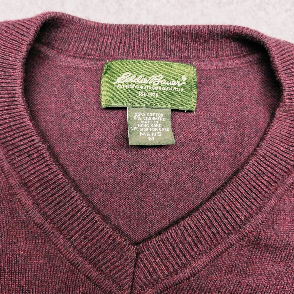 Eddie Bauer Mens V-Neck Sweater Burgundy Cotton Cashmere Blend Size M